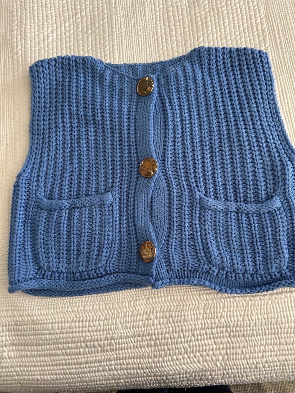 Commense Blue Knit Button Front Vest with Pockets